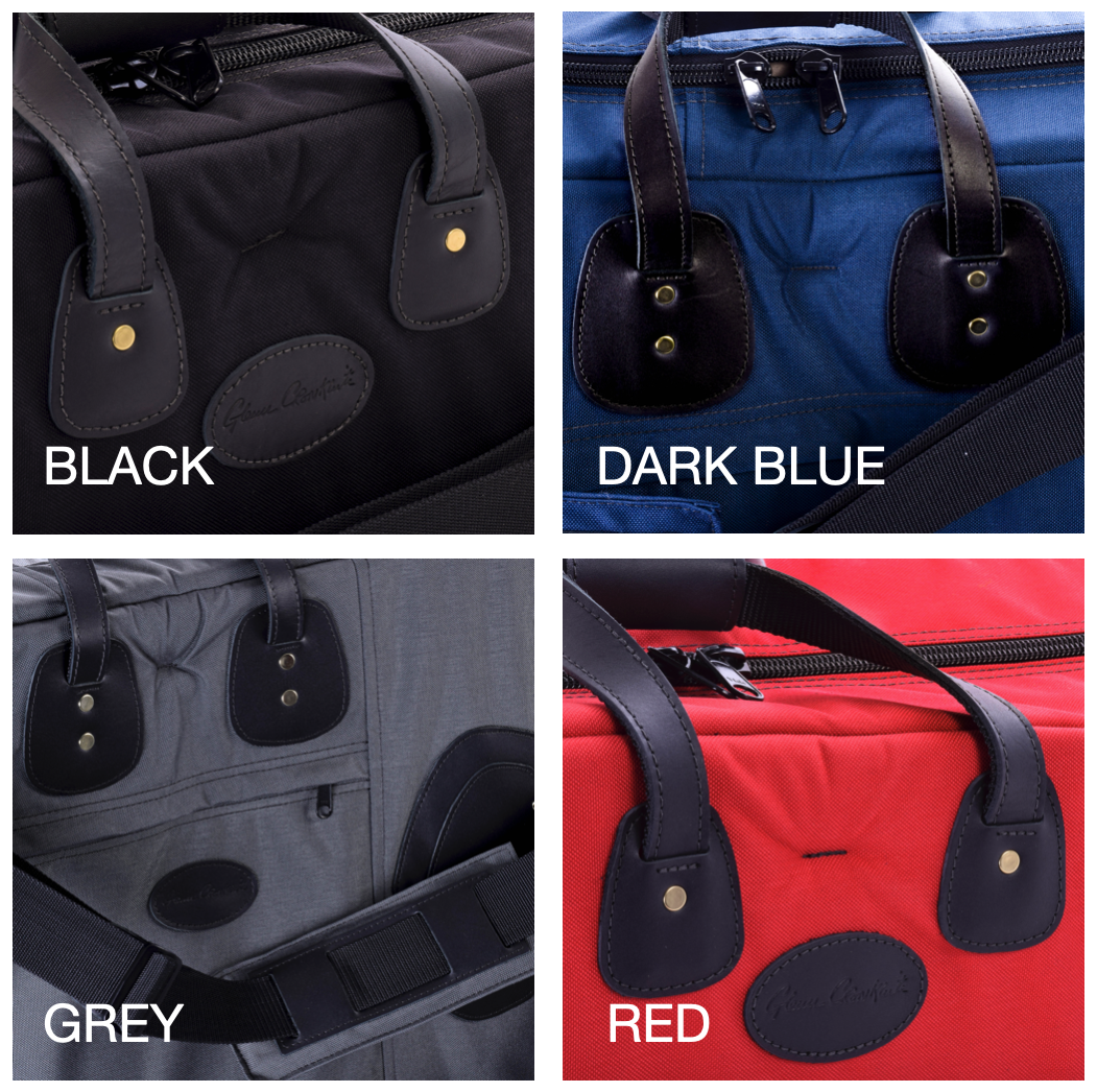Cordura Swatches - guitar Four swatches of Cordura Nylon arranged in a grid. Colors shown are black, dark blue, grey, and red.
