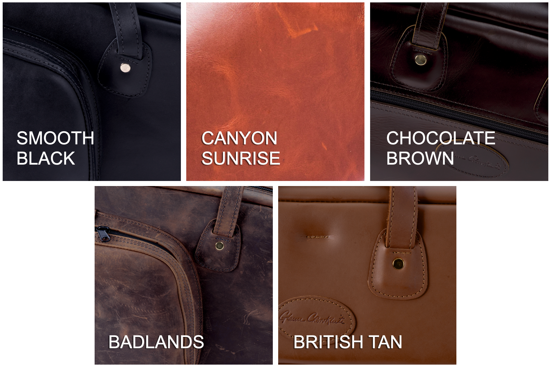 5 leather swatches listed with three over two. White text of the swatch name is over each image. In the top row from left to right: Smooth Black (black color), Canyon Sunrise (bright and orange-tinted brown, close to Pantone 167), Chocolate Brown (dark, warm brown close to Pantone 478) Second row, left to right: Badlands (cool brown/gray with antiquing scuffs), British Tan (light yellowish brown close to Pantone 719)